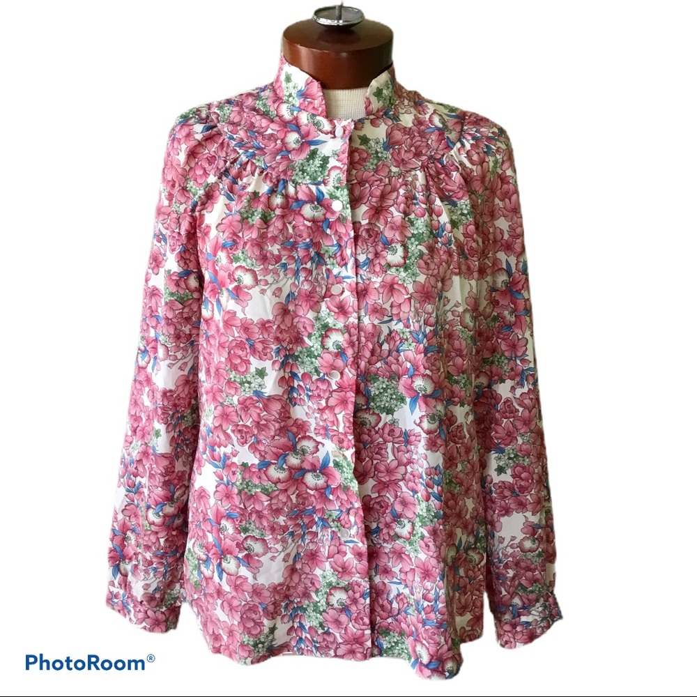 Pykettes Vintage 70's Floral Prairie High Neck Button Down Blouse Cuffed Sleeves